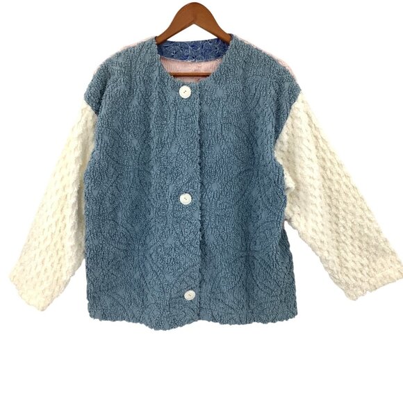 Handmade Women's XL Color Block Terrycloth Cardigan Jacket Blue Pink White - Picture 2 of 4